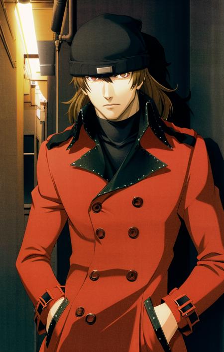 53124-1246557868-highres, detailed, soft lighting, outdoors, dark alleyway, solo, red trenchcoat, hands in pockets, beanie, shinjiro aragaki [per.png